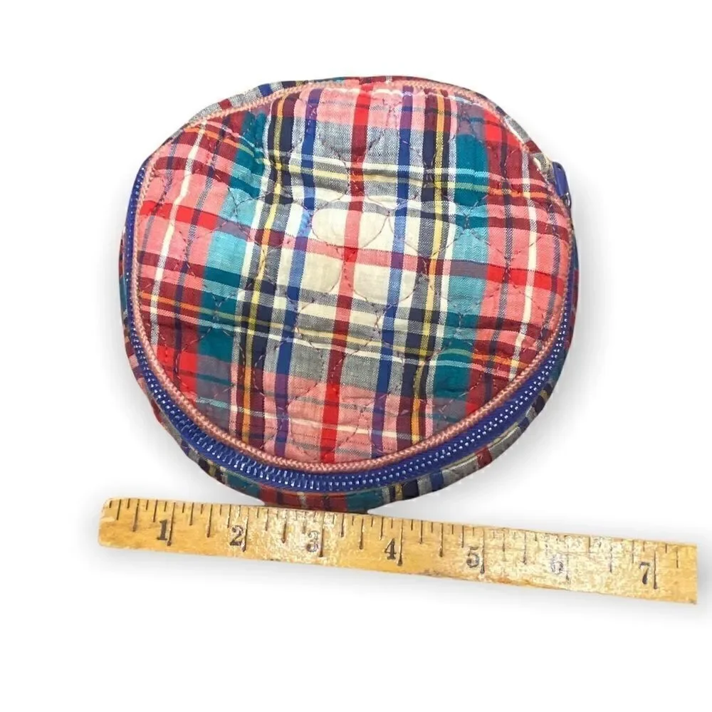 Morrillcraft blue and red circular madras plaid zippered bag -make up CDs misc